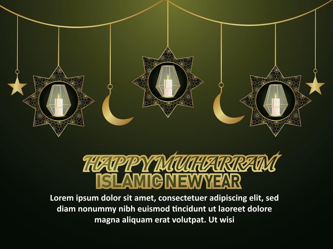 Beautiful islamic new year with realistic golden lantern and moon vector