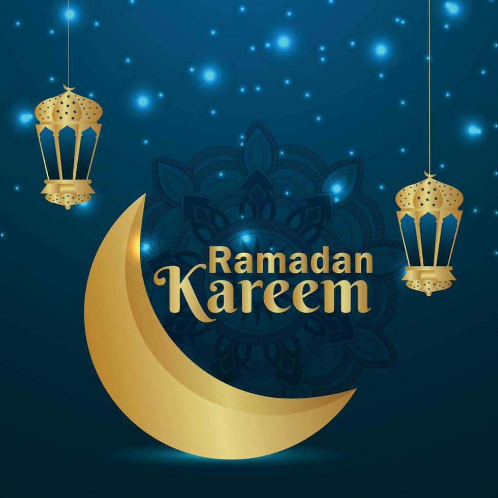 Decorative ramadan kareem islamic golden moon with star and lantern vector