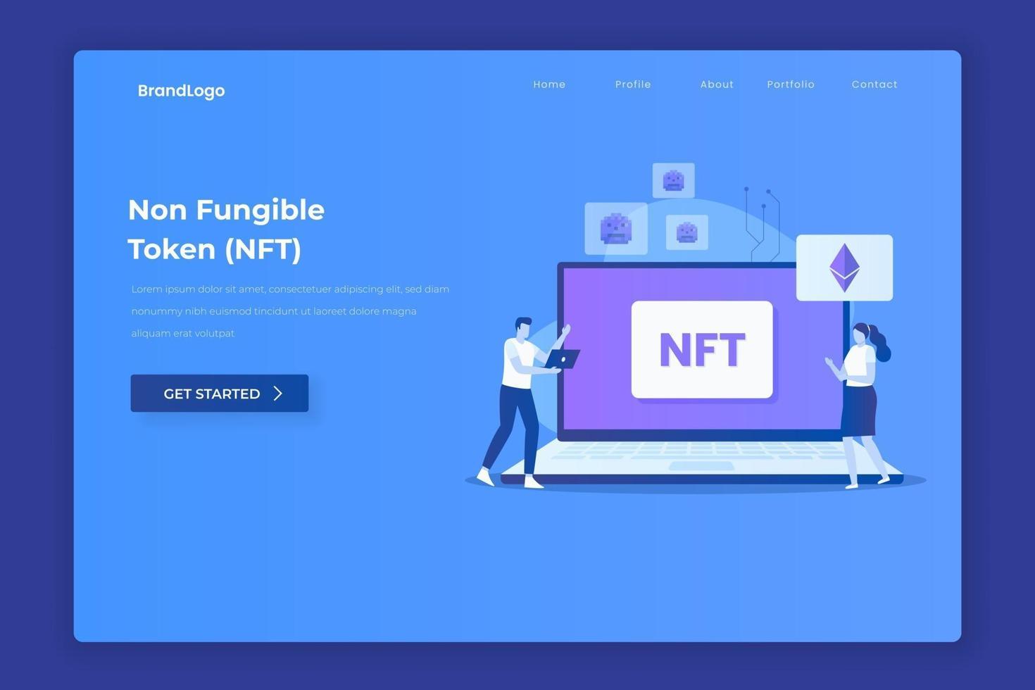 Non fungible token illustration landing page vector