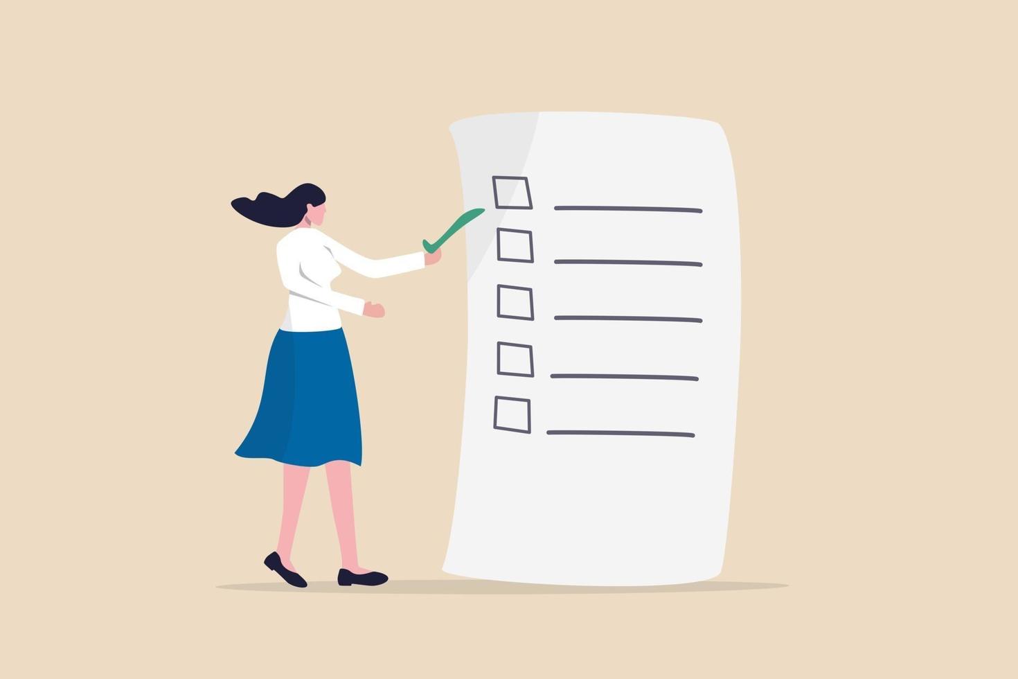 Self assessment, evaluate yourself for personal development or work improvement concept, woman giving check on checkbox in achievement list notepad paper. vector