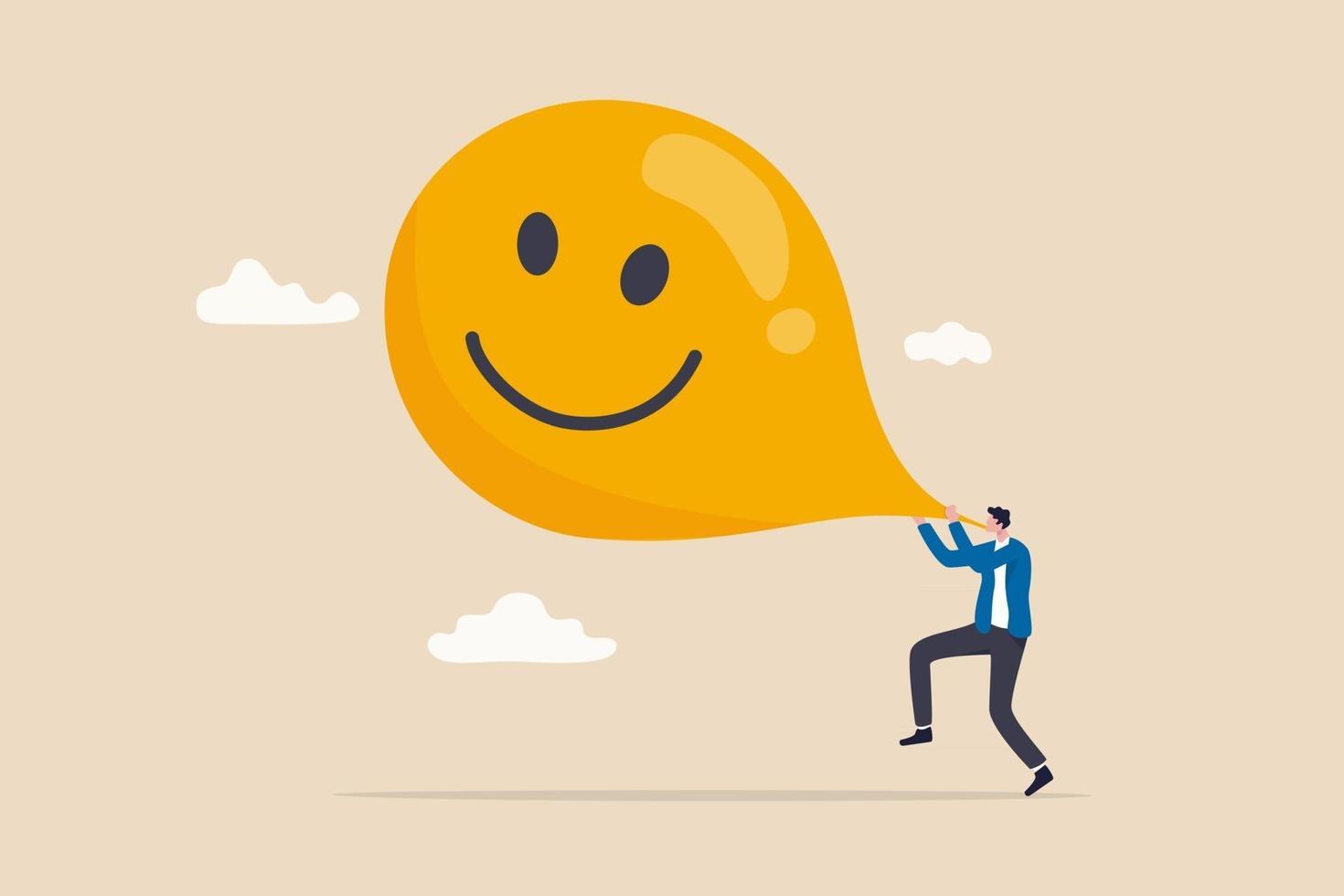 Maximize happiness, let go anxiety and think positive concept, man blows big smile yellow balloon. vector