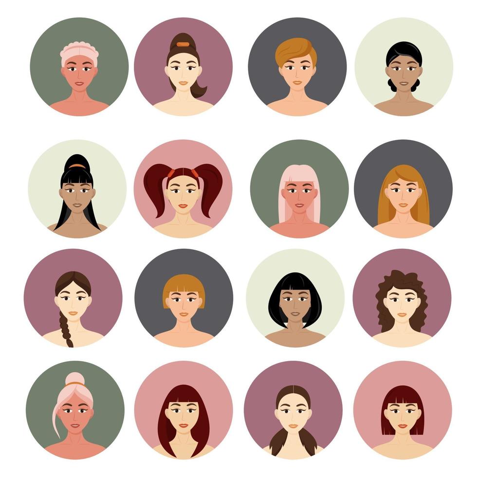 conjunto de avatar de peinados de mujeres. Hermosas chicas jóvenes con diferentes peinados aislado sobre un fondo blanco. vector