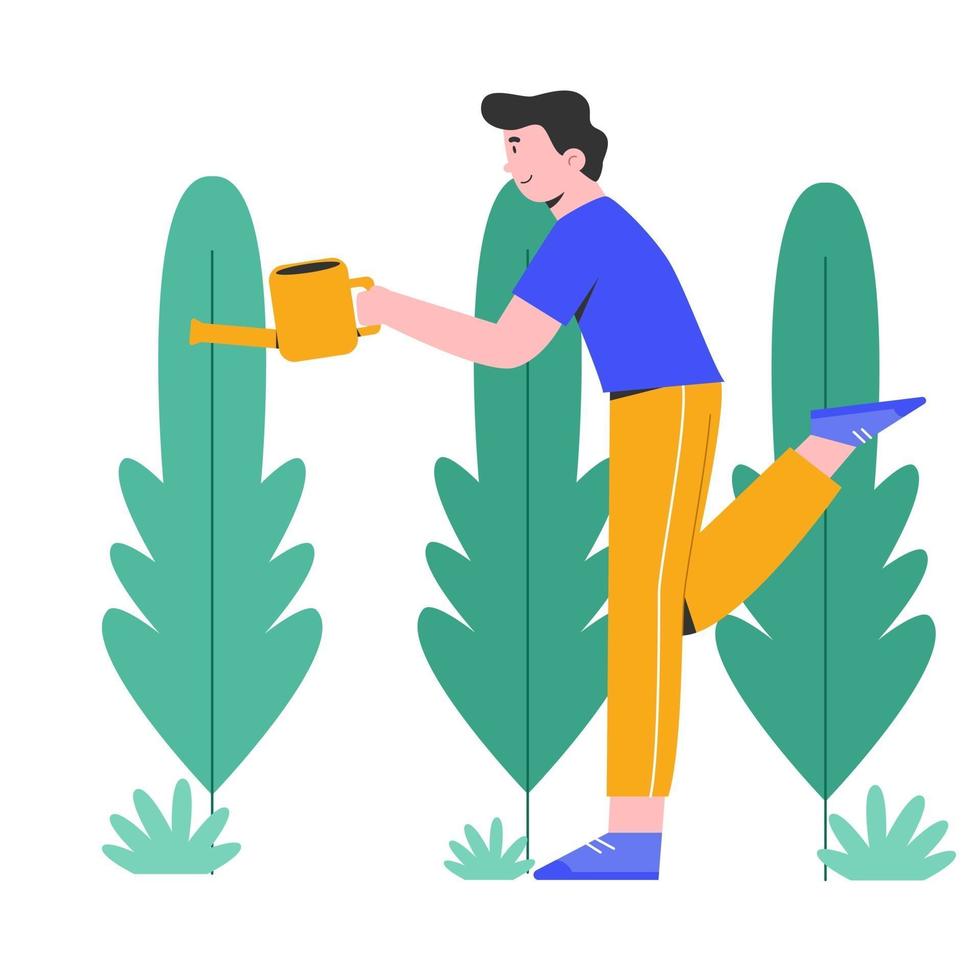 Young man watering the plants with happiness vector