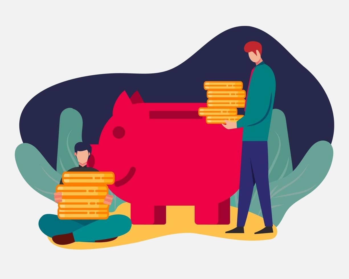 businessman saving money into piggy bank illustration in flat style vector