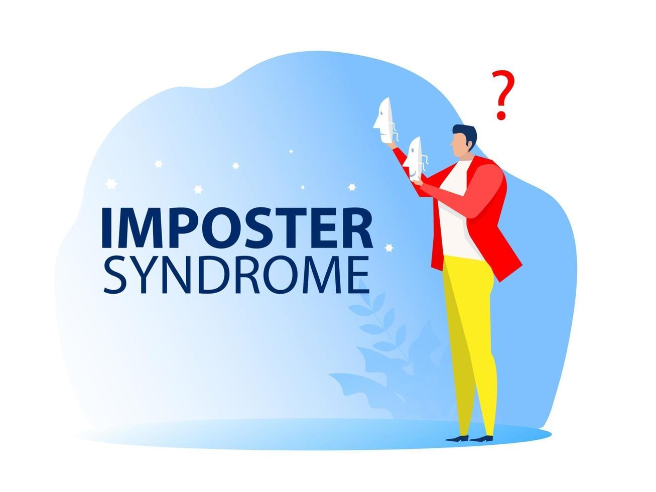 Imposter syndrome, man trying on carnival masks with happy or sad expressions. vector