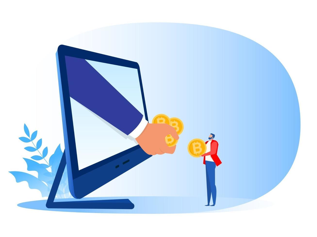 Businessman hand gives bitcoin coins out of laptop screen, cryptocurrency concept, flat vector illustration
