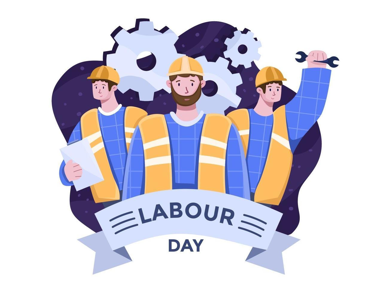 Ilustración plana del vector del día del trabajo con trabajadores celebrando juntos el día internacional de los trabajadores. 1 de mayo celebración del día internacional del trabajo