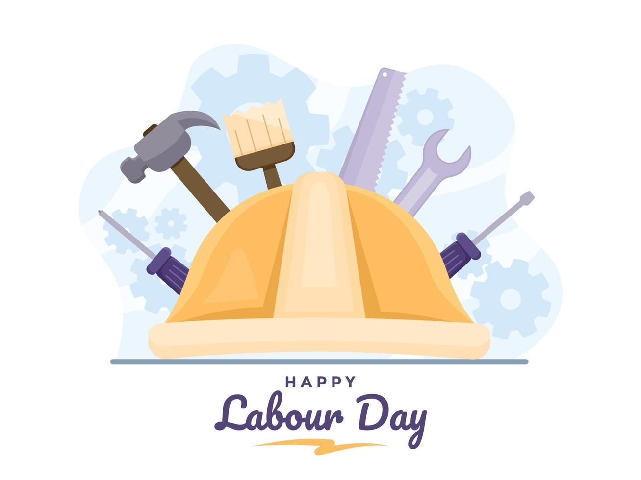 Happy Labour Day or International Workers Day at 1 may with construction worker helmet and tools. vector