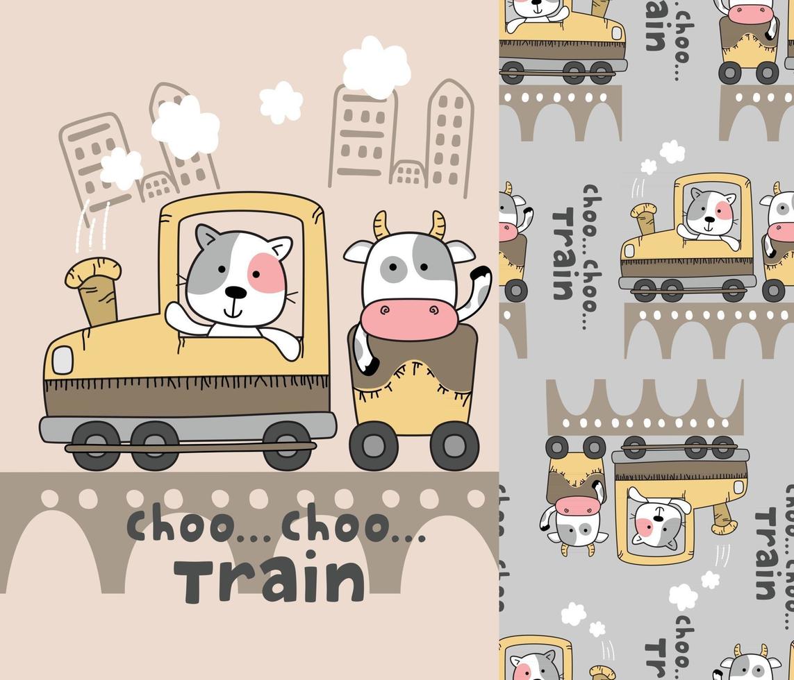 cow and cat on the train, funny cartoon with seamless pattern vector