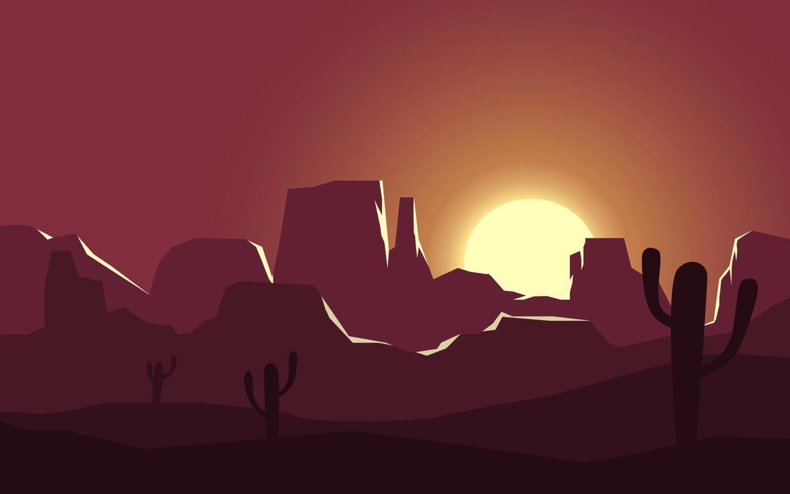 Escena del atardecer del desierto con cactus y cañón. vector