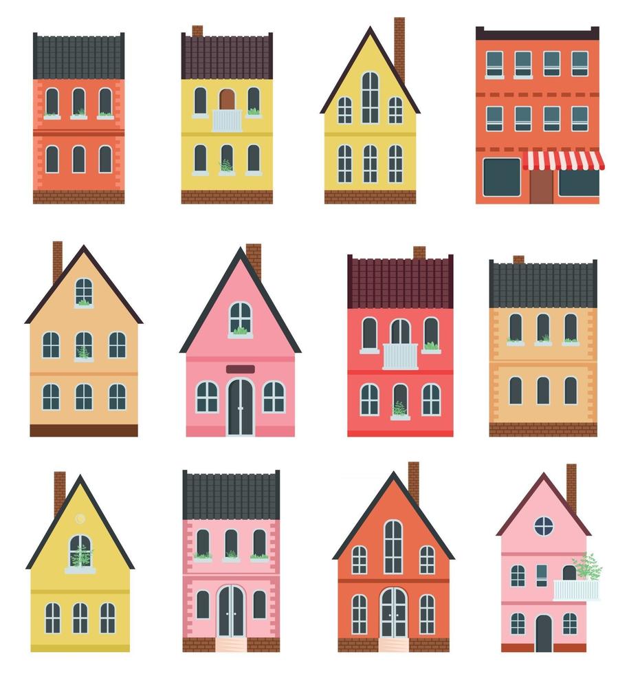 conjunto de fachadas de casas diminutas vector