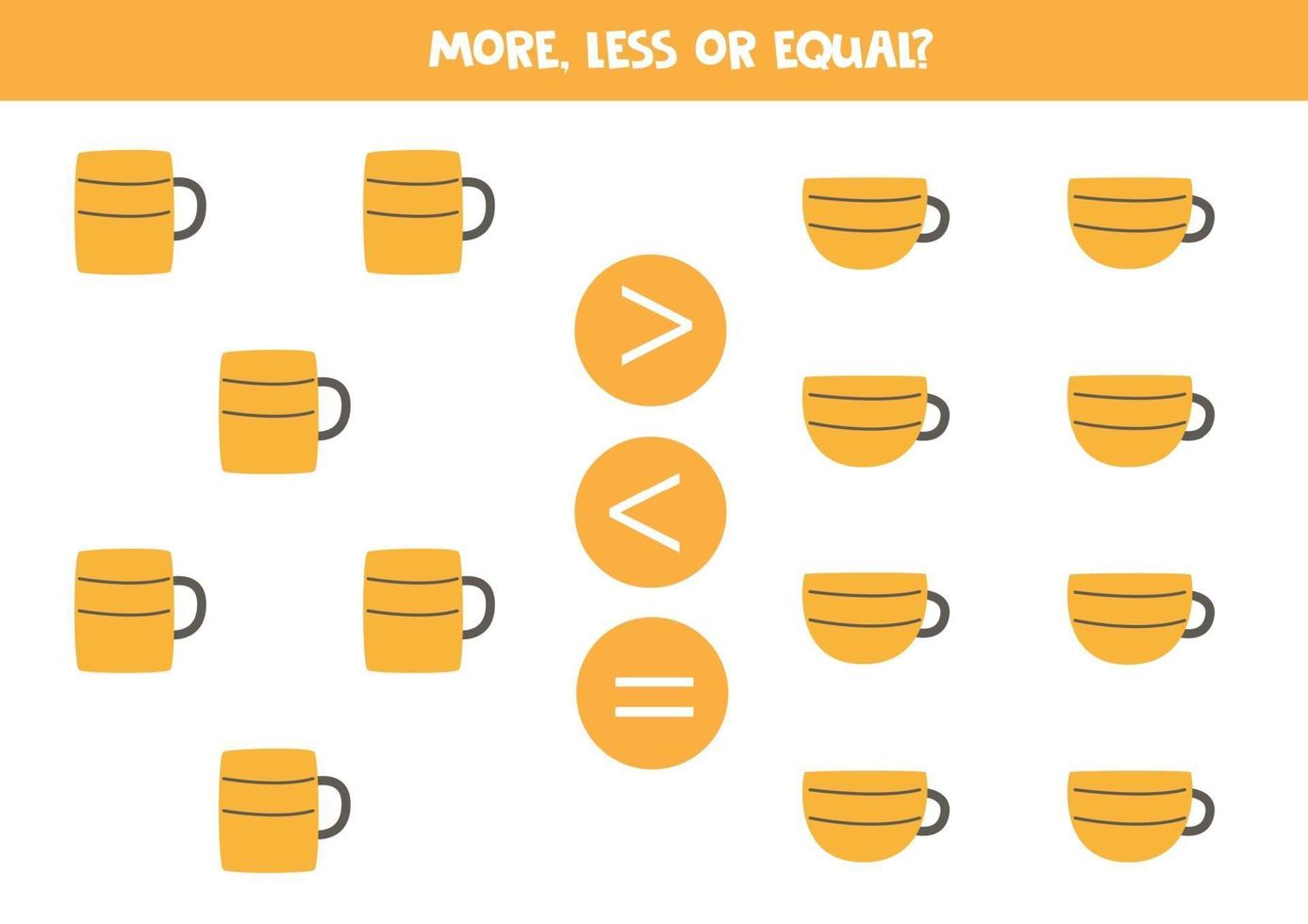 More less equal with kitchen mugs and cups Math comparison vector