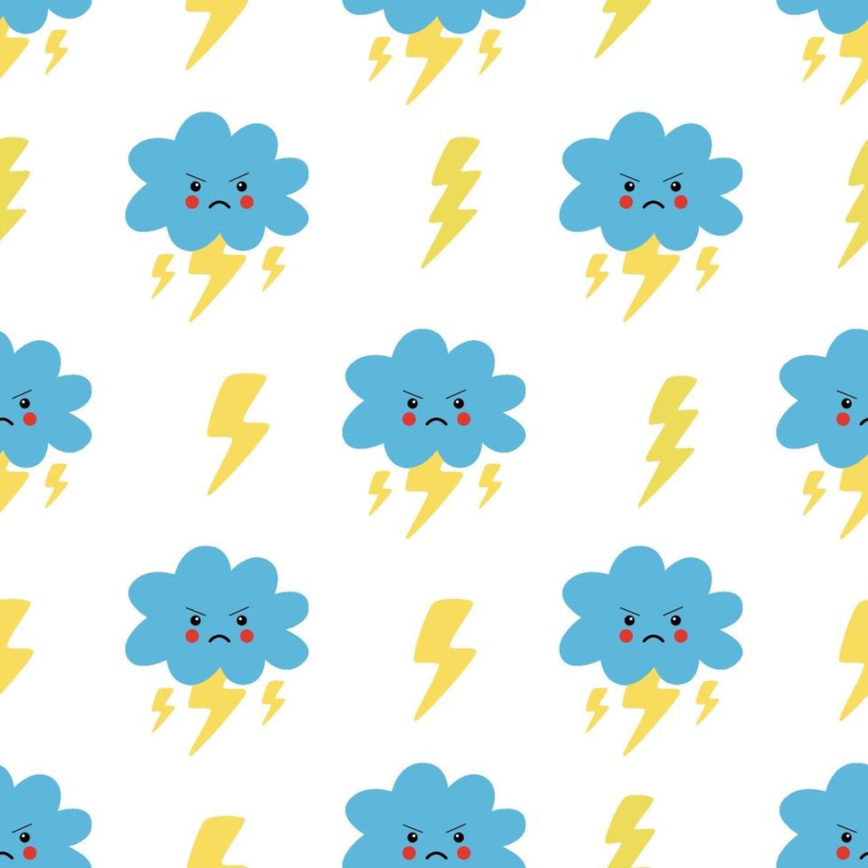 Seamless pattern with cute cartoon storm clouds and lightnings vector