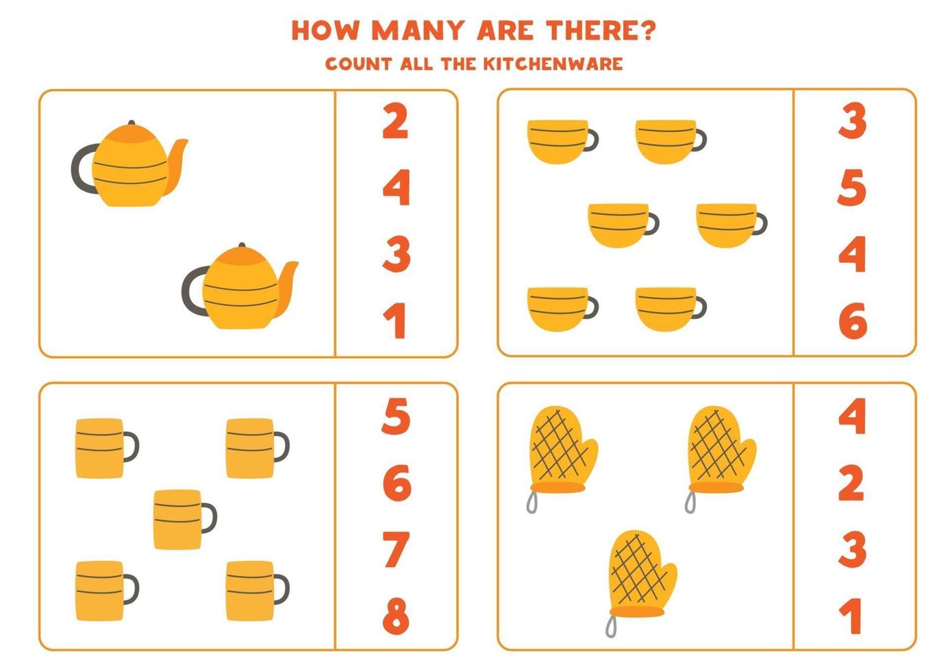 Counting game with kitchen items Math worksheet vector