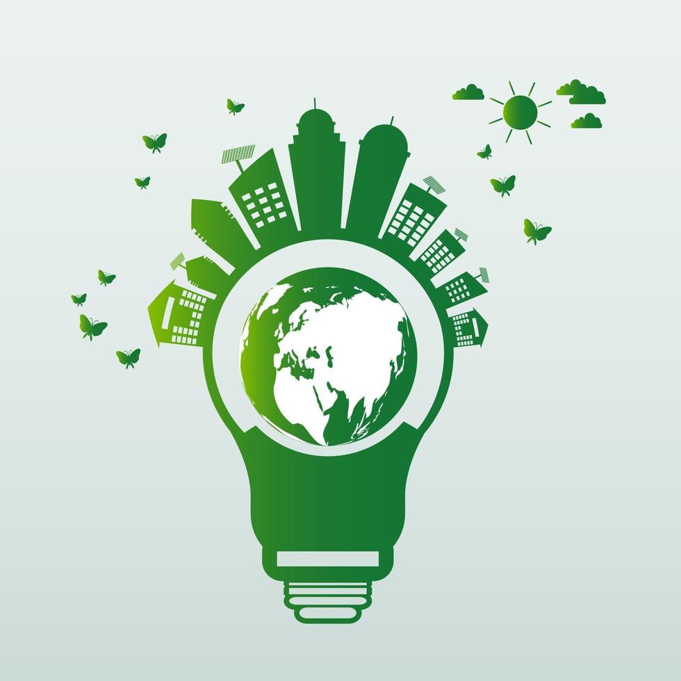 Green technology light bulb and globe vector