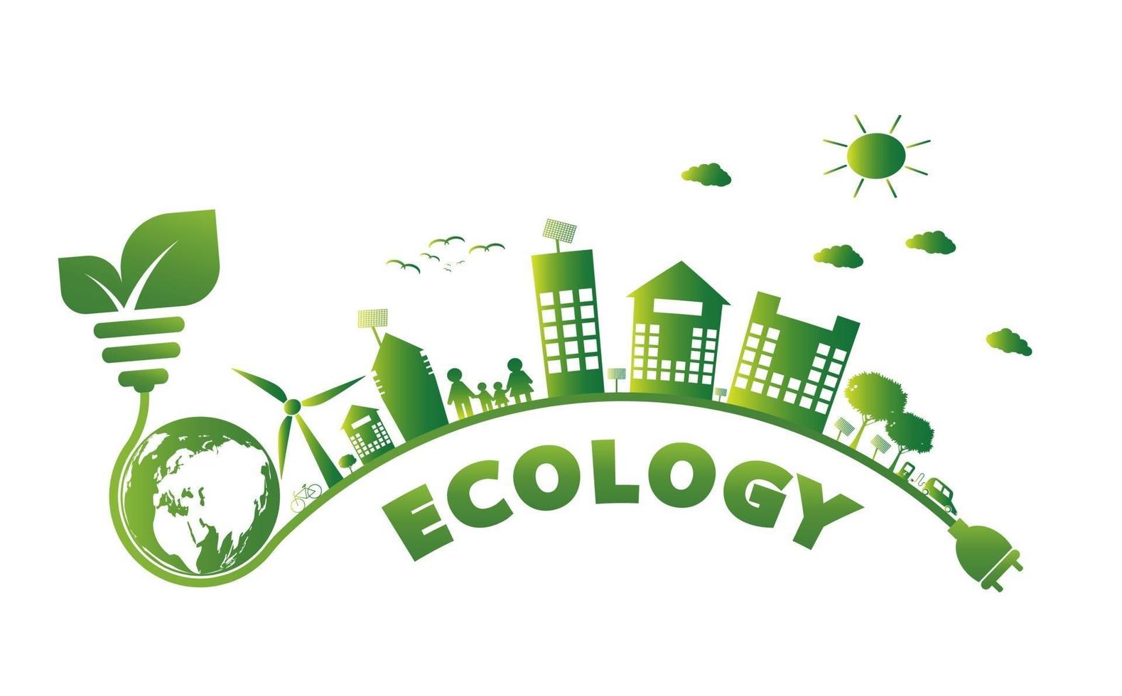 Earth symbol with leaves around green cities vector