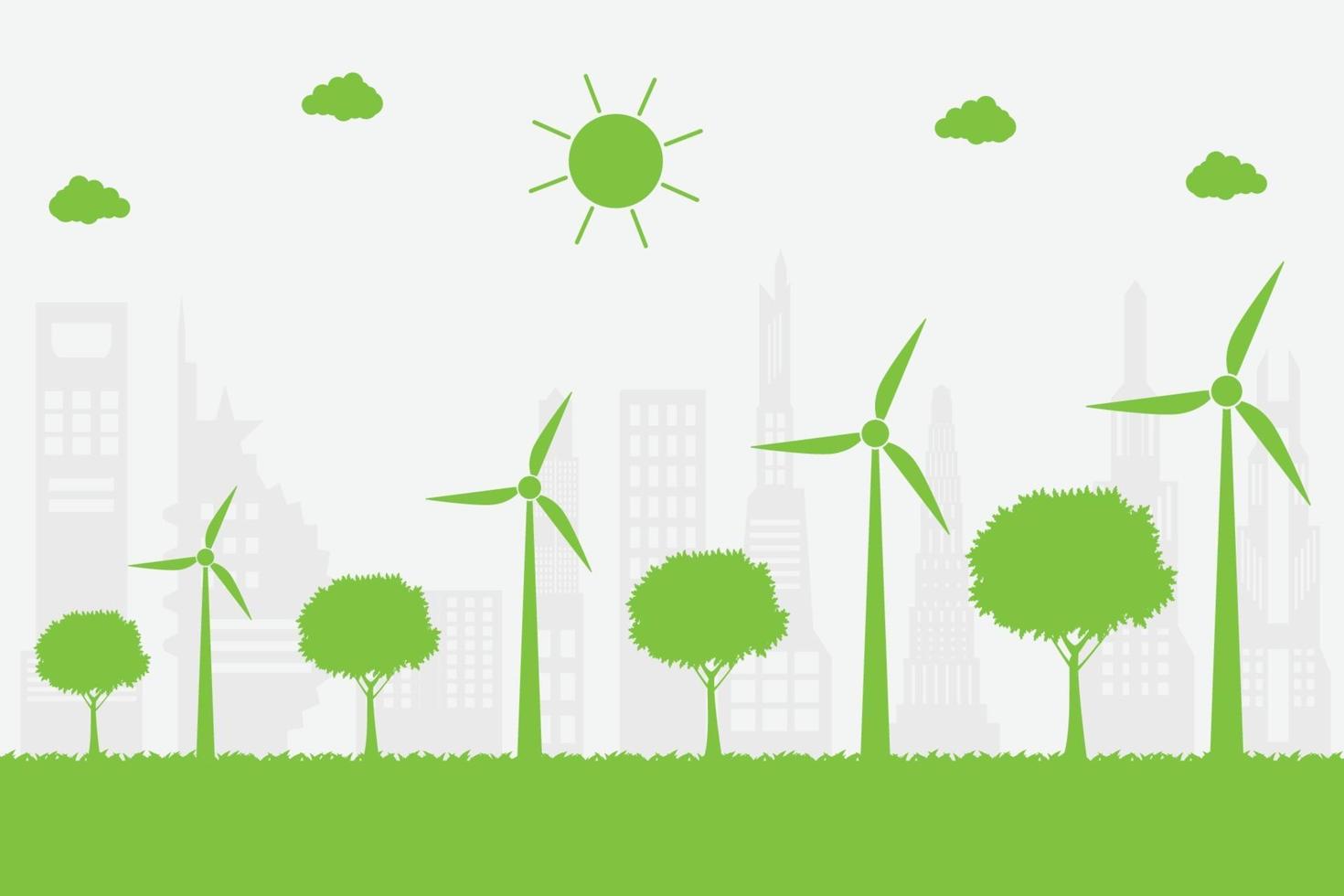 Wind turbines with trees and sun vector