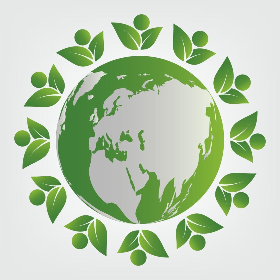 ecology concept green teamwork leaves around the globe vector