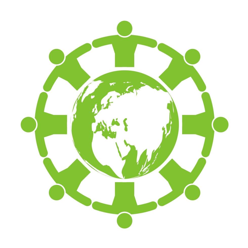 Green people around eco friendly globe vector