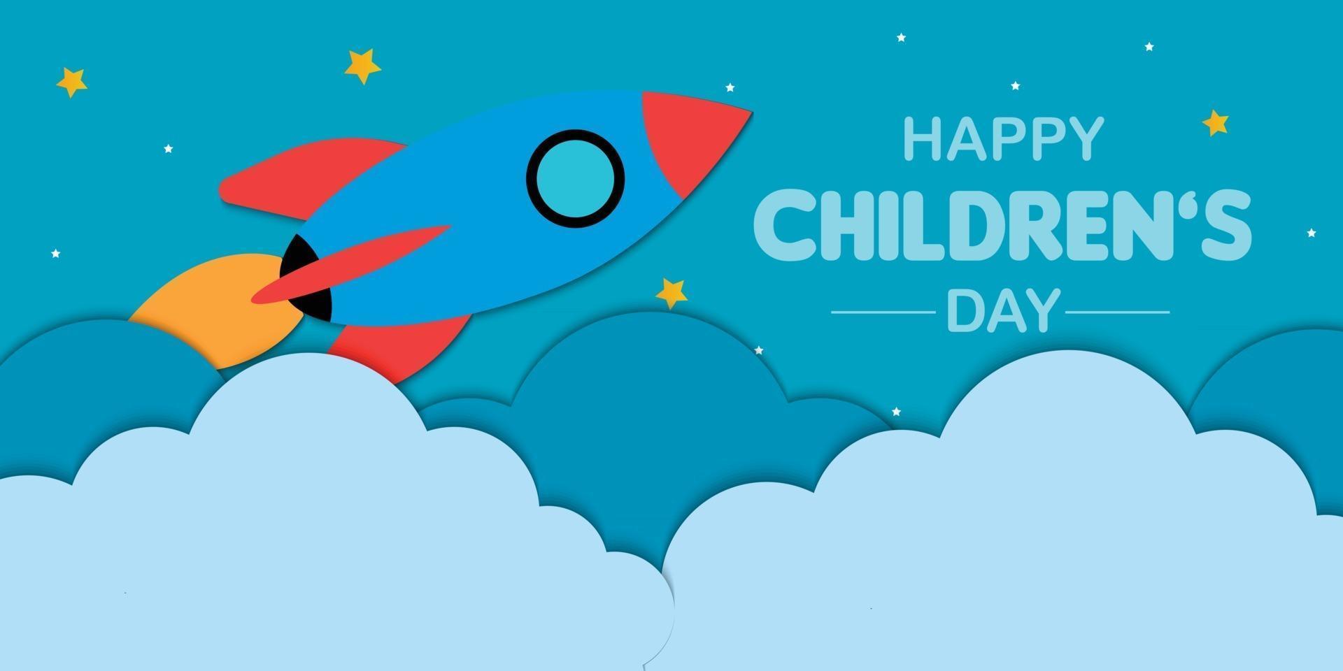 Happy Childrens Day Rocket Cloud Paper vector