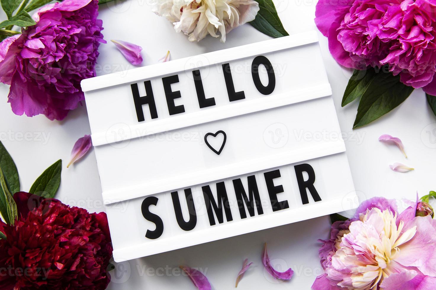 Lightbox with text HELLO SUMMER and peony flowers photo