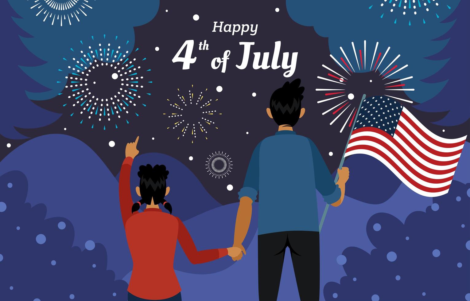 Father and Daughter Looking at the Fireworks at Night on Fourth of July vector