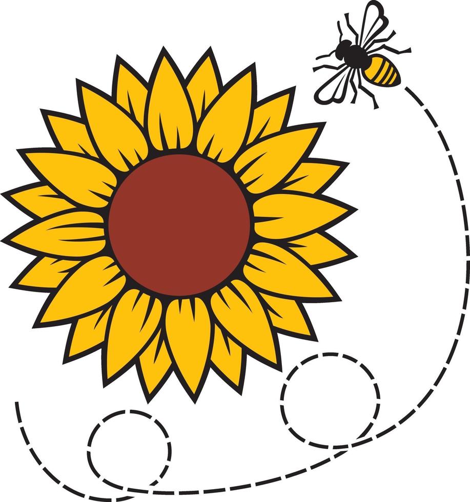 Sunflower and flying bee vector