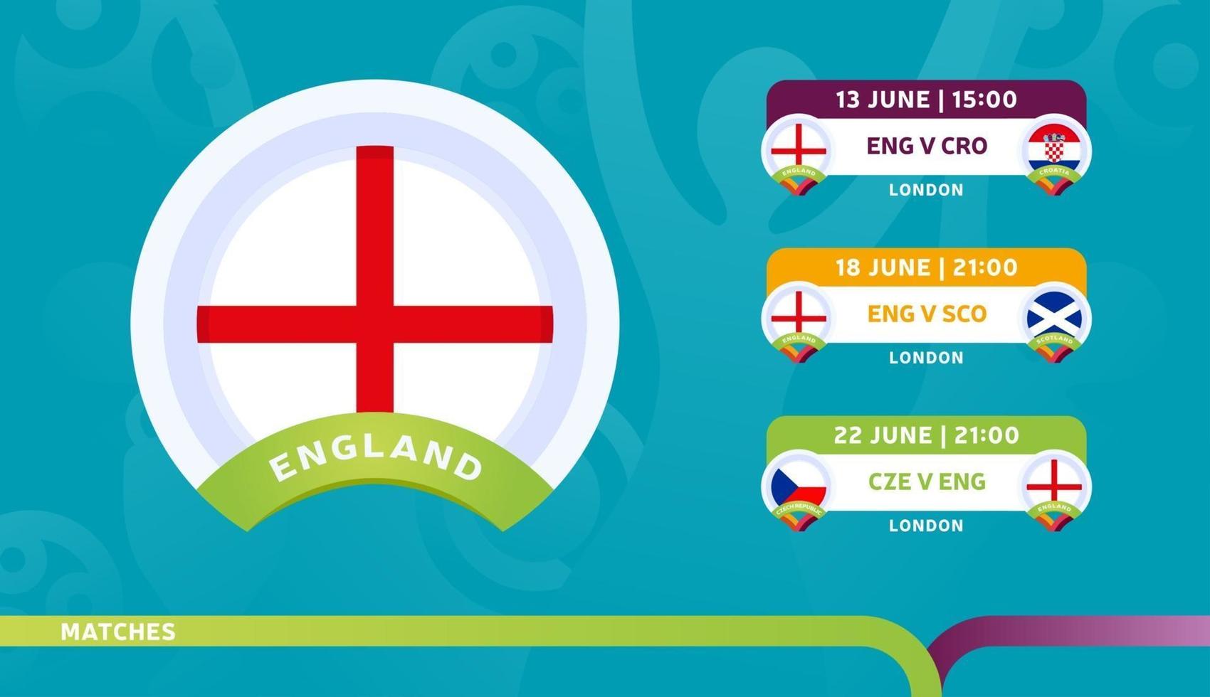 calendario del equipo nacional de inglaterra partidos en la etapa final en el campeonato de fútbol 2020 ilustración vectorial de partidos de fútbol 2020 vector