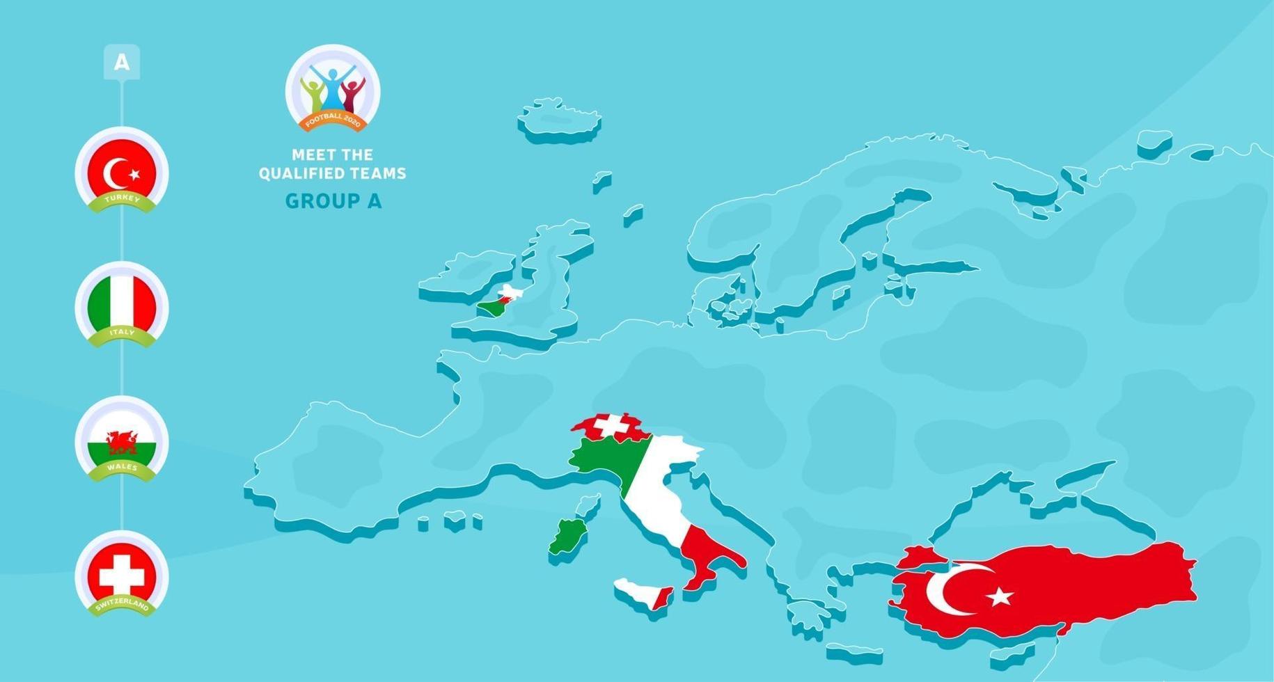 Agrupe una ilustración vectorial del campeonato de fútbol europeo 2020 con un mapa de Europa y la bandera de los países resaltados que calificaron para la etapa final y el signo del logotipo sobre fondo azul. vector