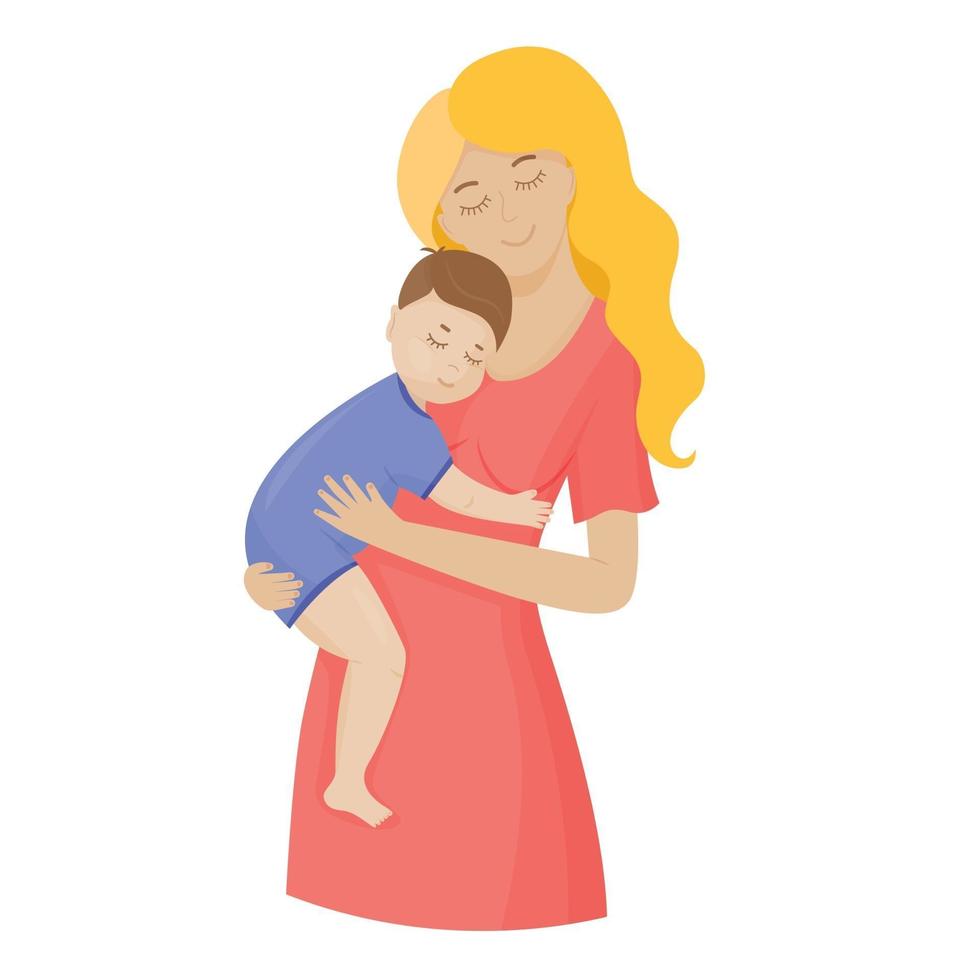 A mother holds her young son in her arms Mom hugs a small child The parent shows love and care vector