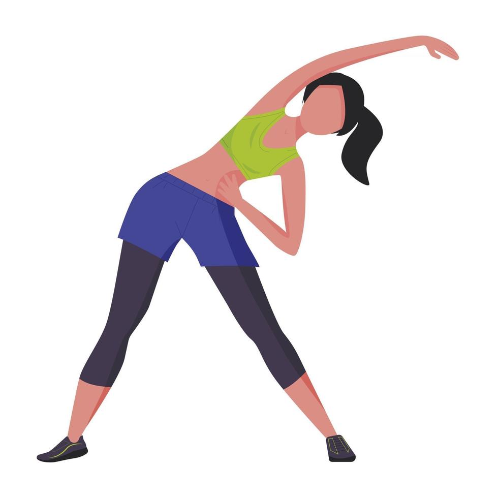 Una mujer joven con uniforme deportivo hace ejercicios de gimnasia, asuntos cotidianos, una forma de vida saludable, ilustración vectorial en un estilo plano vector