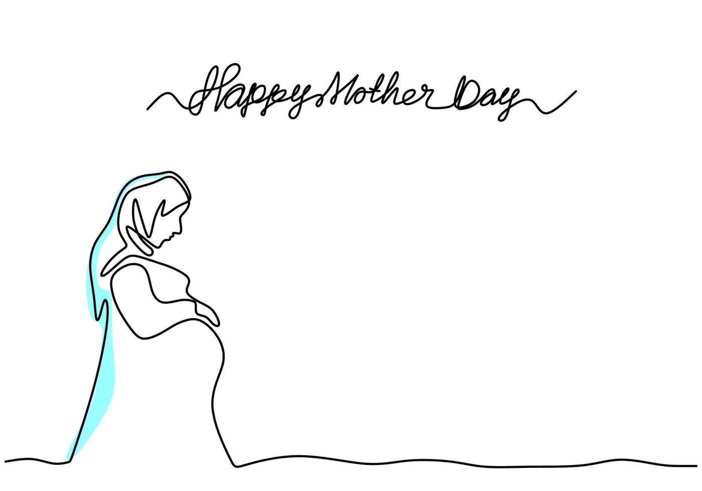 Un dibujo de línea continua de mujer musulmana embarazada con letras dibujadas a mano feliz día de la madre aislado sobre fondo blanco. joven madre musulmana esperando el nacimiento de un niño. ilustración vectorial vector