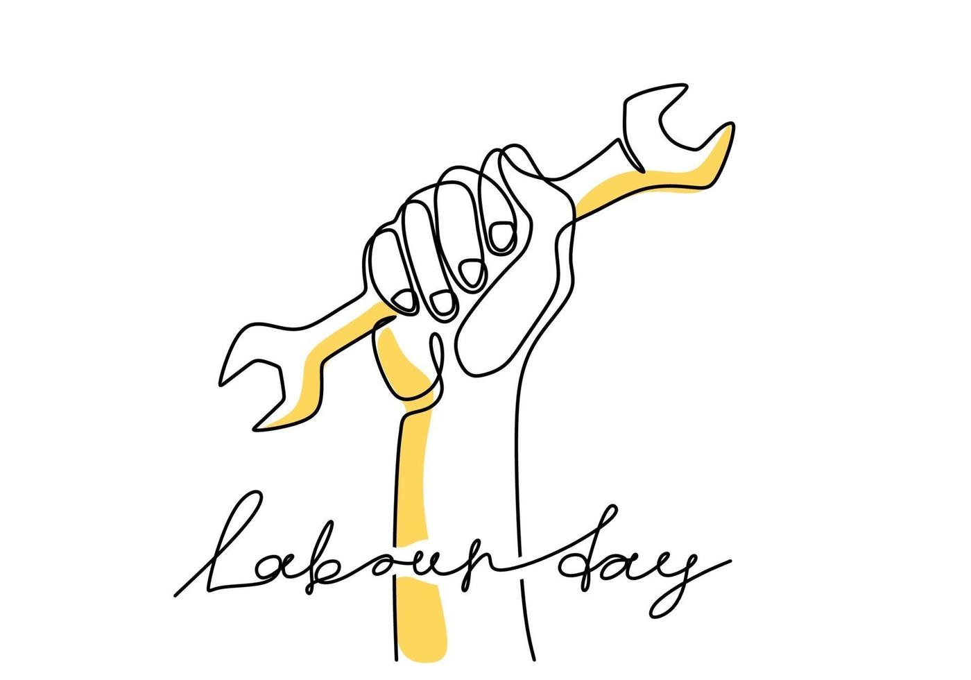 One continuous line drawing of the master's hand holds a wrench with lettering Labour Day isolated on white background.  1st may celebration. Auto service concept. Vector illustration