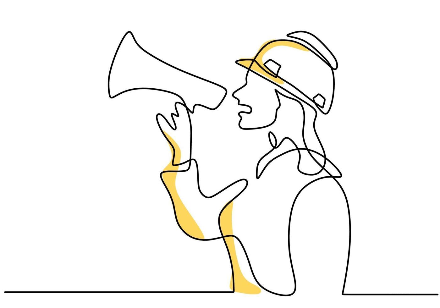 One continuous single line drawing of woman wearing hard hat holding megaphone. Energetic girl speaks excitedly into loudspeaker isolated on white background. Character female in loud statement vector