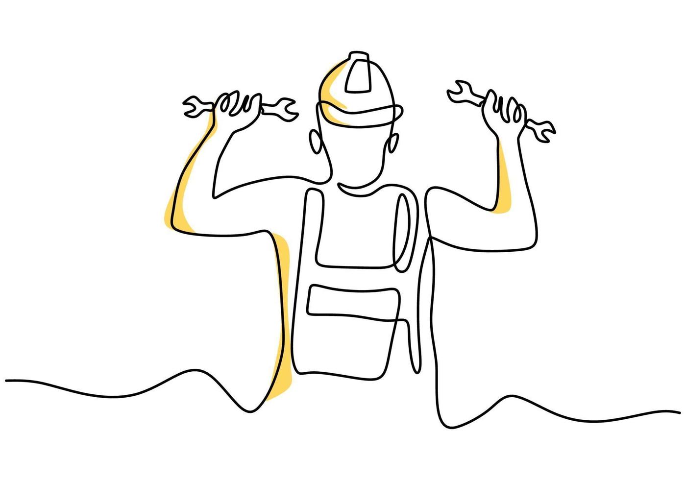 One continuous single line drawing of young man mechanic wearing hard hat and holding wrench set. Professional work job occupation minimalist concept. Happy Labour Day. Vector illustration
