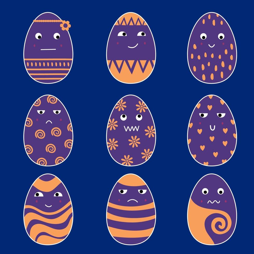 Establecer colección de huevos de Pascua con expresión divertida aislada sobre fondo azul. huevos de pascua grandes y coloridos. ideal para scrapbooking, tela, textil, papel pintado de guardería. ilustración vectorial vector