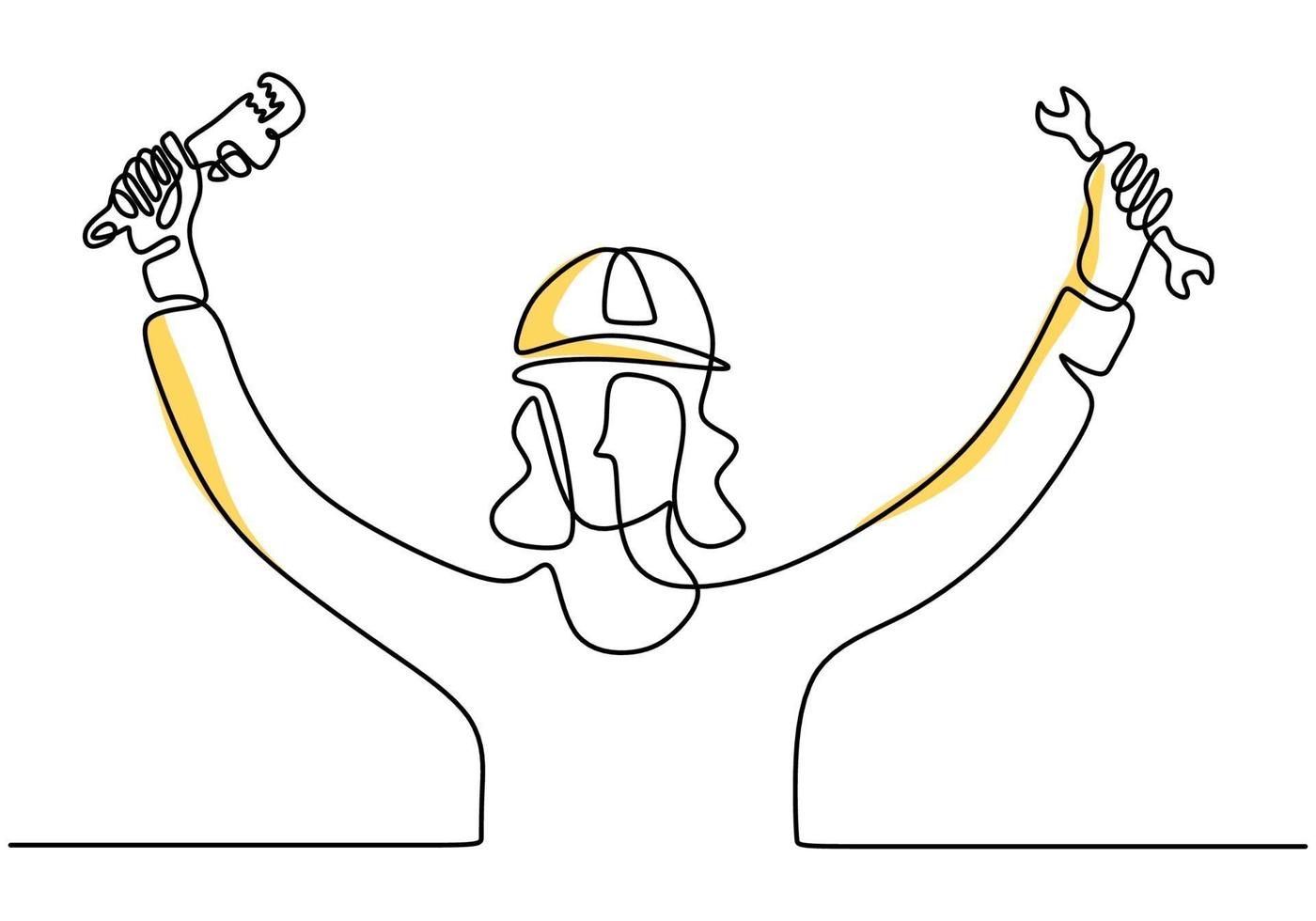 Continuous one line drawing of young woman mechanic wearing hard hat and standing pose while holding set of wrench. Professional job profession minimalist concept. Vector illustration