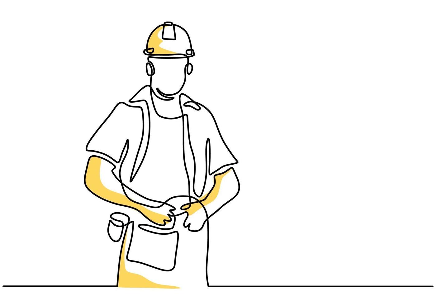Single continuous line drawing of young handsome labour on uniform and hard hat isolated on white background.  Building construction service concept one line art minimalist style. Vector illustration
