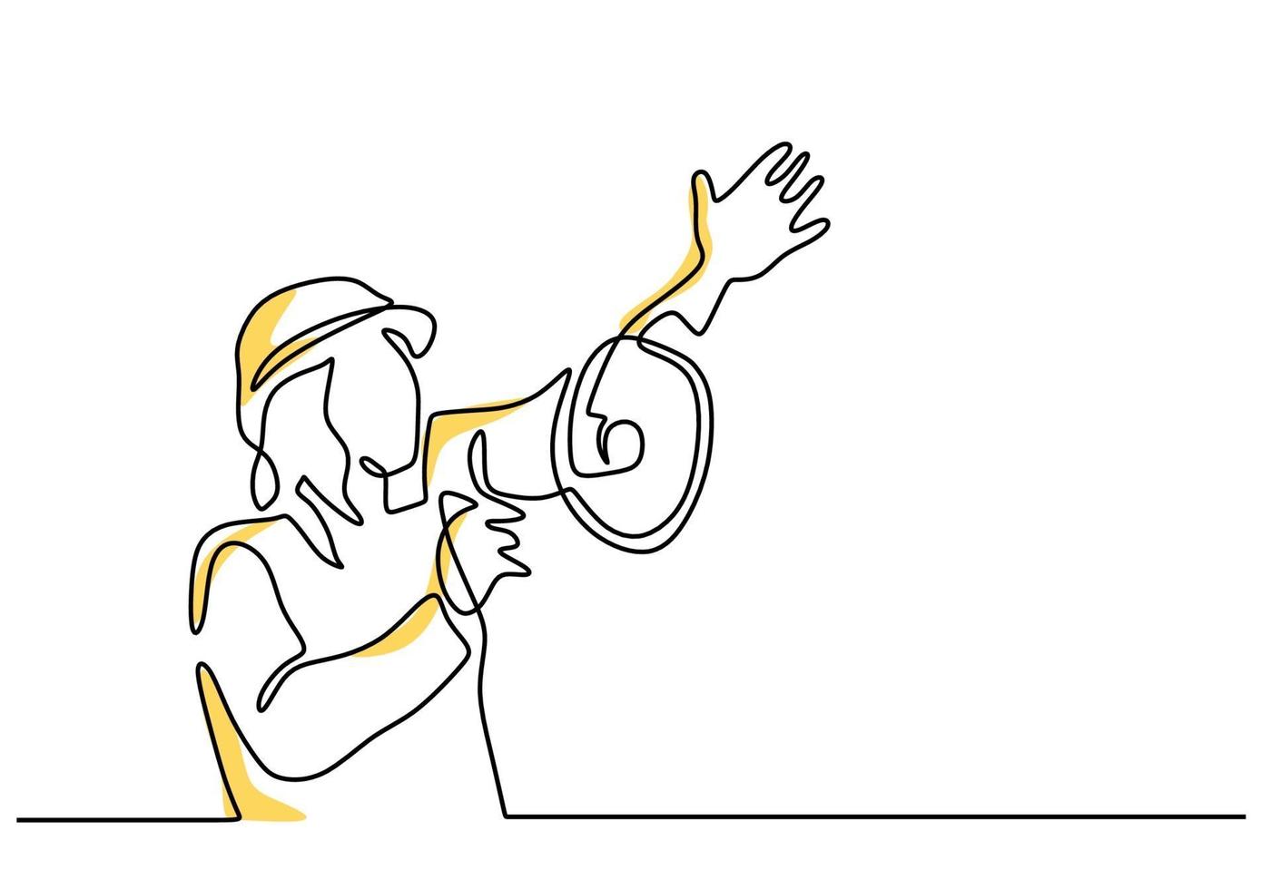 One continuous single line drawing of woman wearing hard hat holding megaphone. Energetic girl speaks excitedly into loudspeaker isolated on white background. Character female in loud statement vector