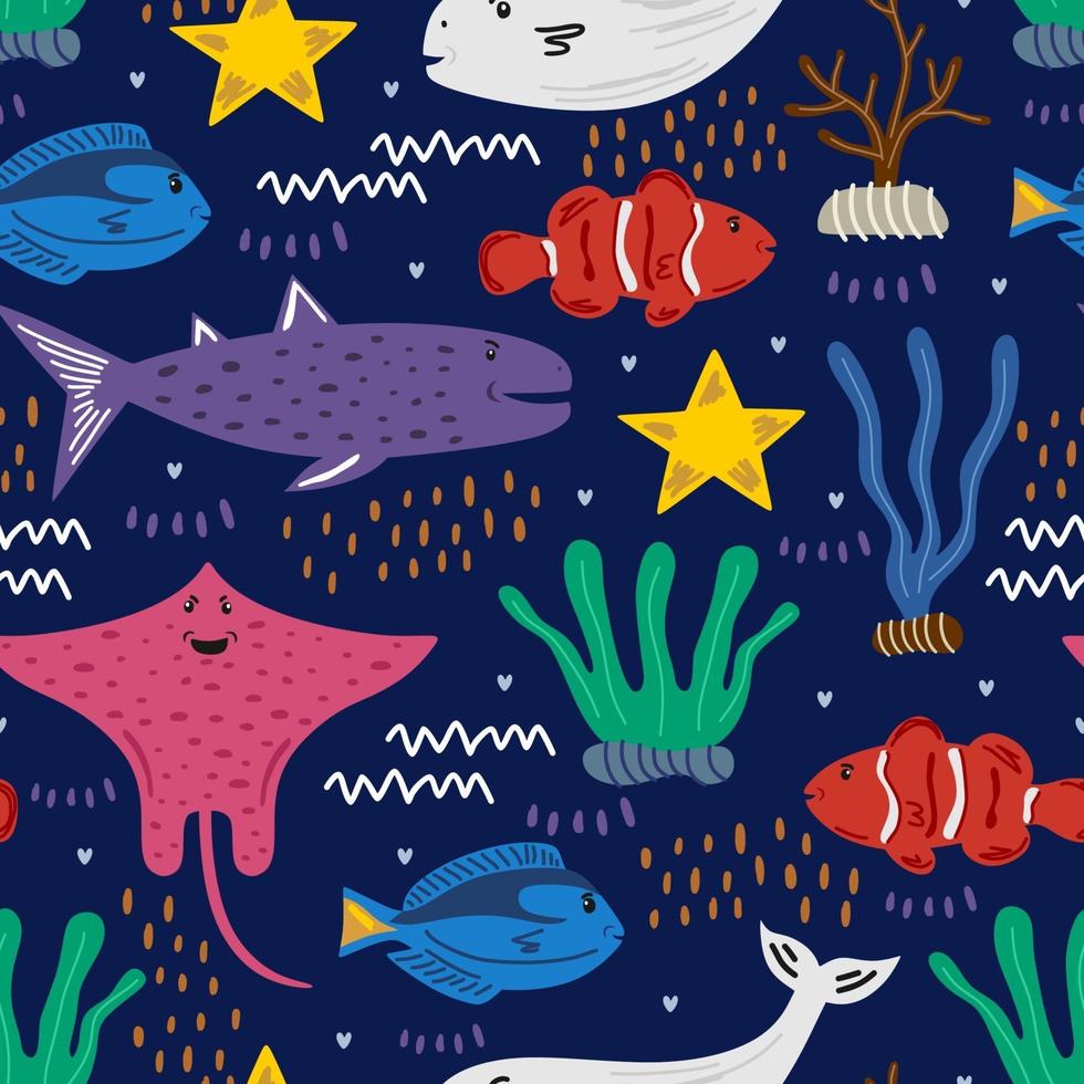 Seamless pattern with clownfish, blue tang fish, beluga whale, whale shark, spotted eagle ray. Childish texture for fabric, textile, apparel. Vector illustration on navy blue background