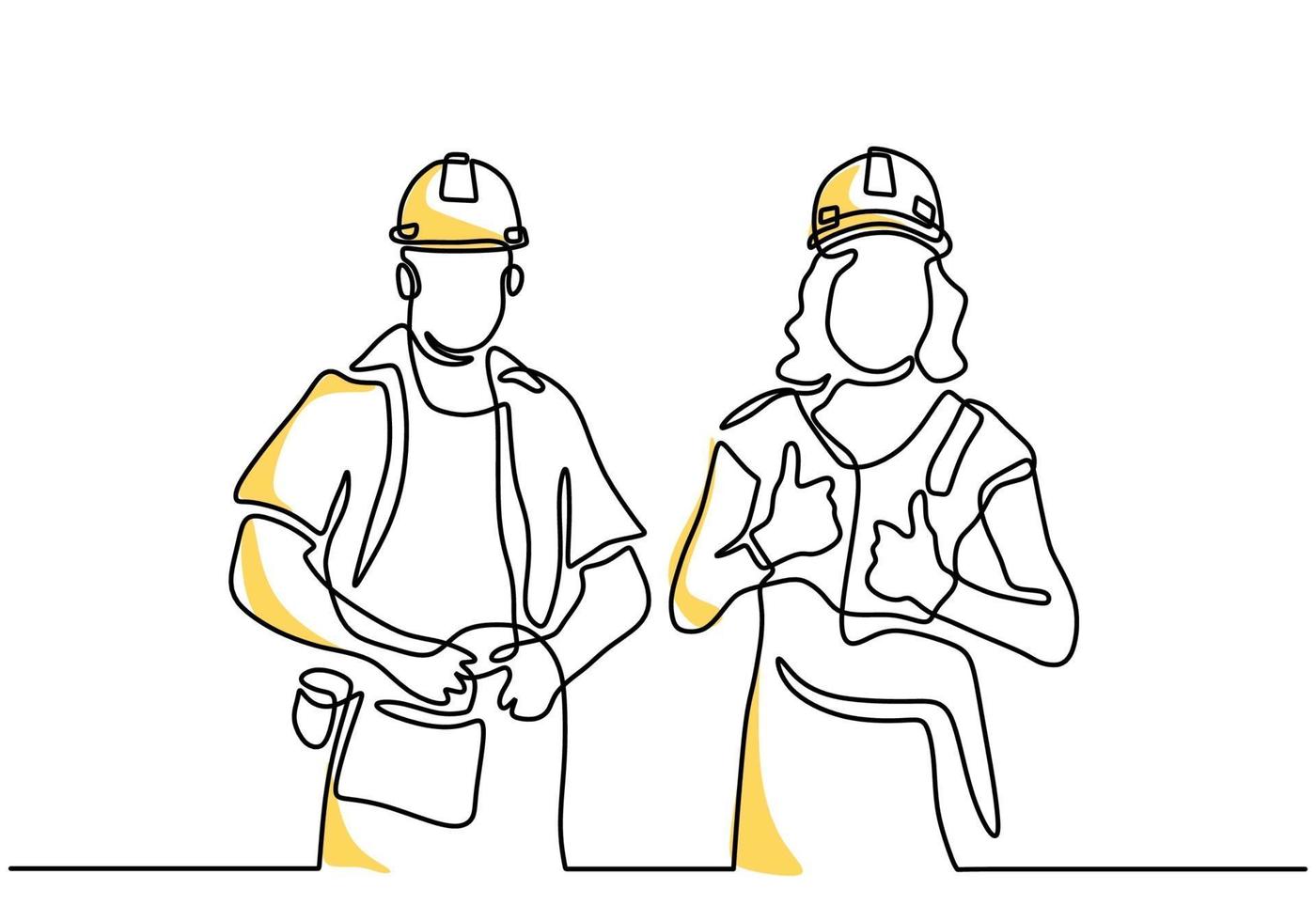 One continuous line drawing of young man and woman wearing hard hat. Young happy male and female building builder groups wearing helmet while standing pose. Great team work concept vector