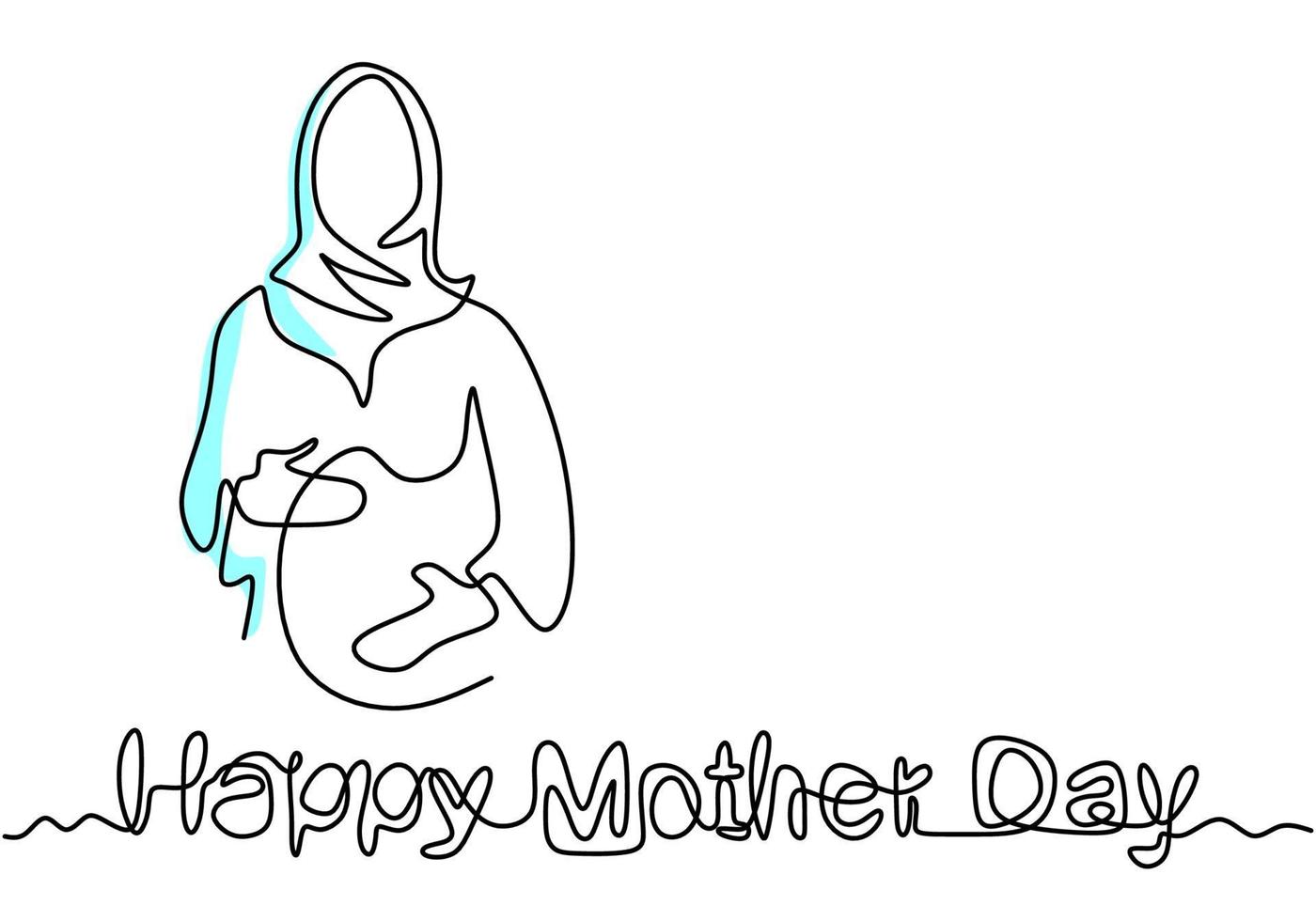 One continuous line drawing of muslim woman pregnant with hand drawn lettering happy mother's day isolated on white background. Young muslim mom waiting for the birth of a child. Vector illustration