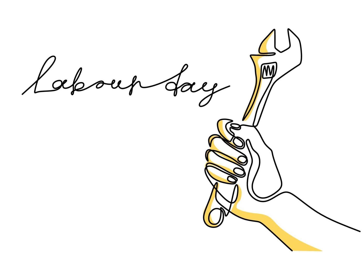 One continuous line drawing of the master's hand holds a wrench with lettering Labour Day isolated on white background.  1st may celebration. Auto service concept. Vector illustration