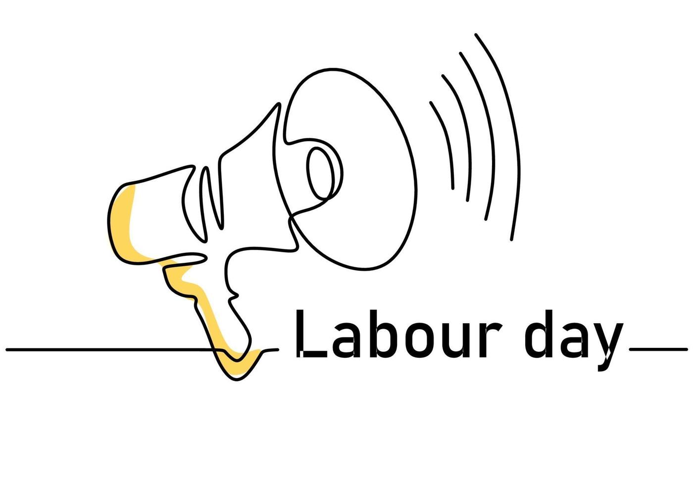 Continuous line drawing of Labour Day lettering with megaphone hand drawn line art minimalist design on white background. 1 May Labour Day greeting card or background. Vector illustration