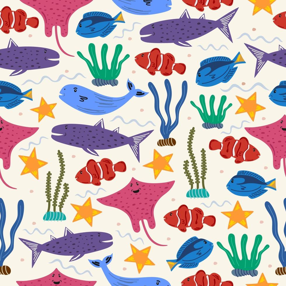 Seamless pattern illustration of colorful sea life creature underwater world inhabitants. Childish simple backdrop for fabric, textile, paper, wallpaper, wrapping, poster and print design. Vector