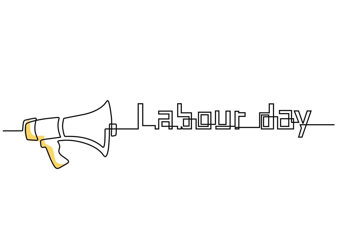 Continuous line drawing of Labour Day lettering with megaphone hand drawn line art minimalist design on white background. 1 May Labour Day greeting card or background. Vector illustration