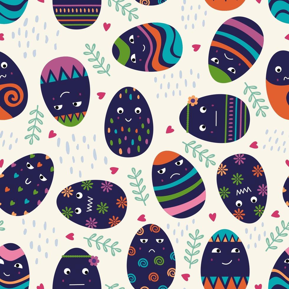 lindo huevo de pascua de patrones sin fisuras. huevo de pascua infantil con diferente expresión. Ilustración de dibujos animados plano de vector. perfecto para textiles, papel de regalo, invitaciones, elementos de diseño de estampados vector