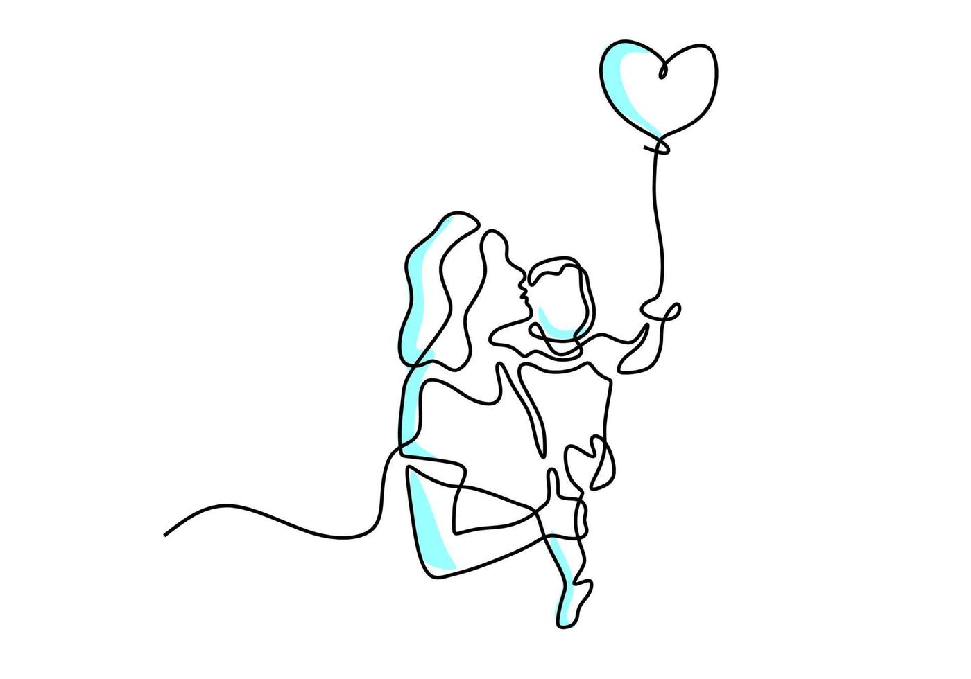 Continuous one line drawing of young mother hold her baby with air balloons shaped as heart. Happy Mother day card. Family parenthood concept. Character mom with a kid. Vector illustration