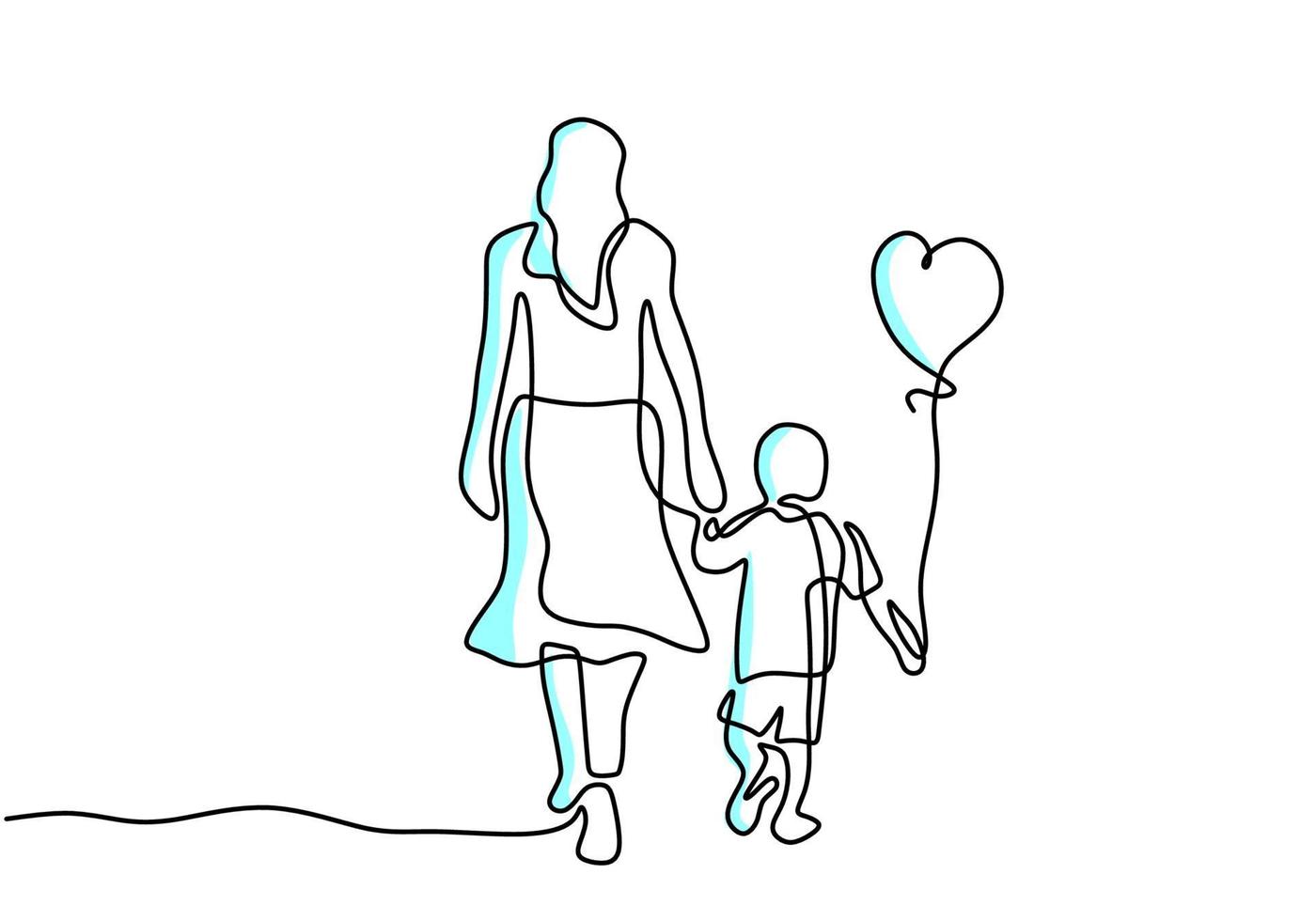 Continuous one line drawing of young mother hold her baby with air balloons shaped as heart. Happy Mother day card. Family parenthood concept. Character mom with a kid. Vector illustration