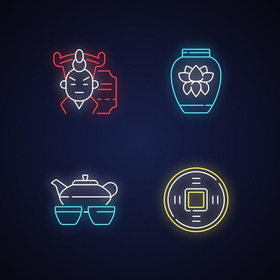 conjunto de iconos de luz de neón de asia vector